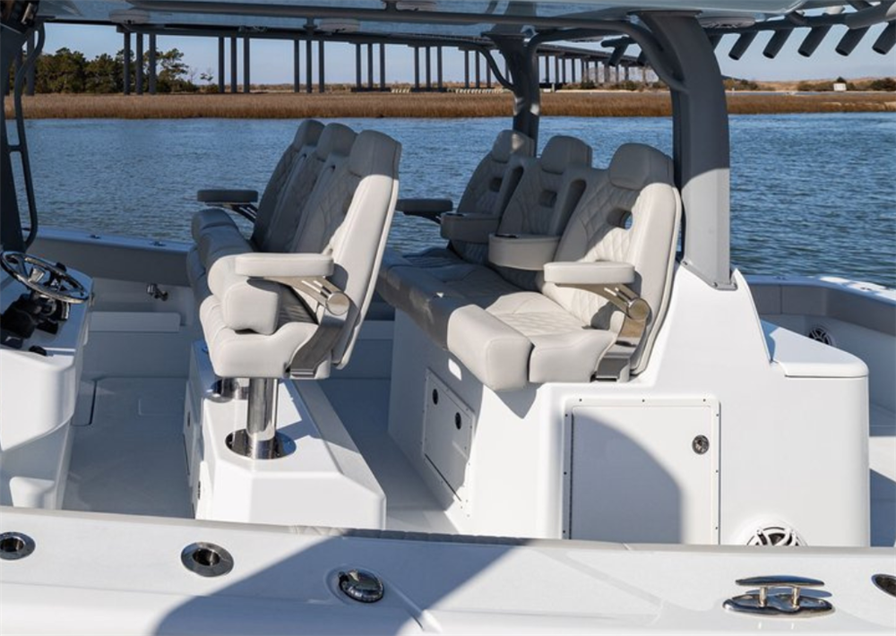 Dual custom Open Water Sport Benches onboard a Freeman Boatworks 43.